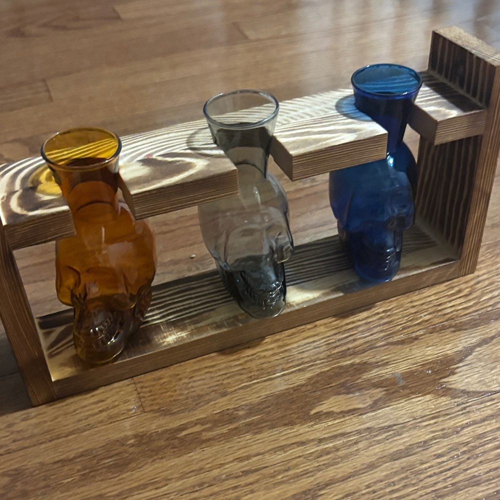 Skull Glass Vase Set in Amber, Gray, and Blue VASE SET INSERT TO WOOD
